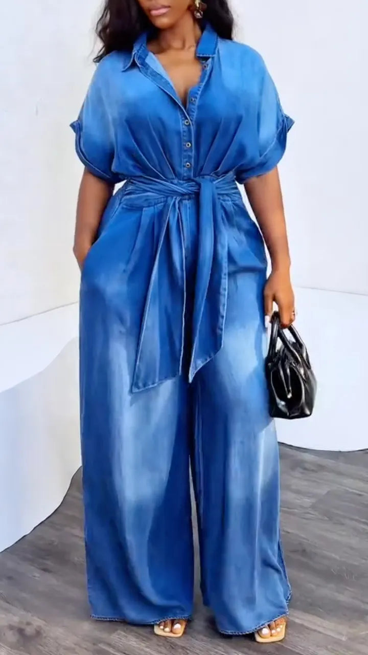 Women's Collared Tie-up Thin Denim Jumpsuit