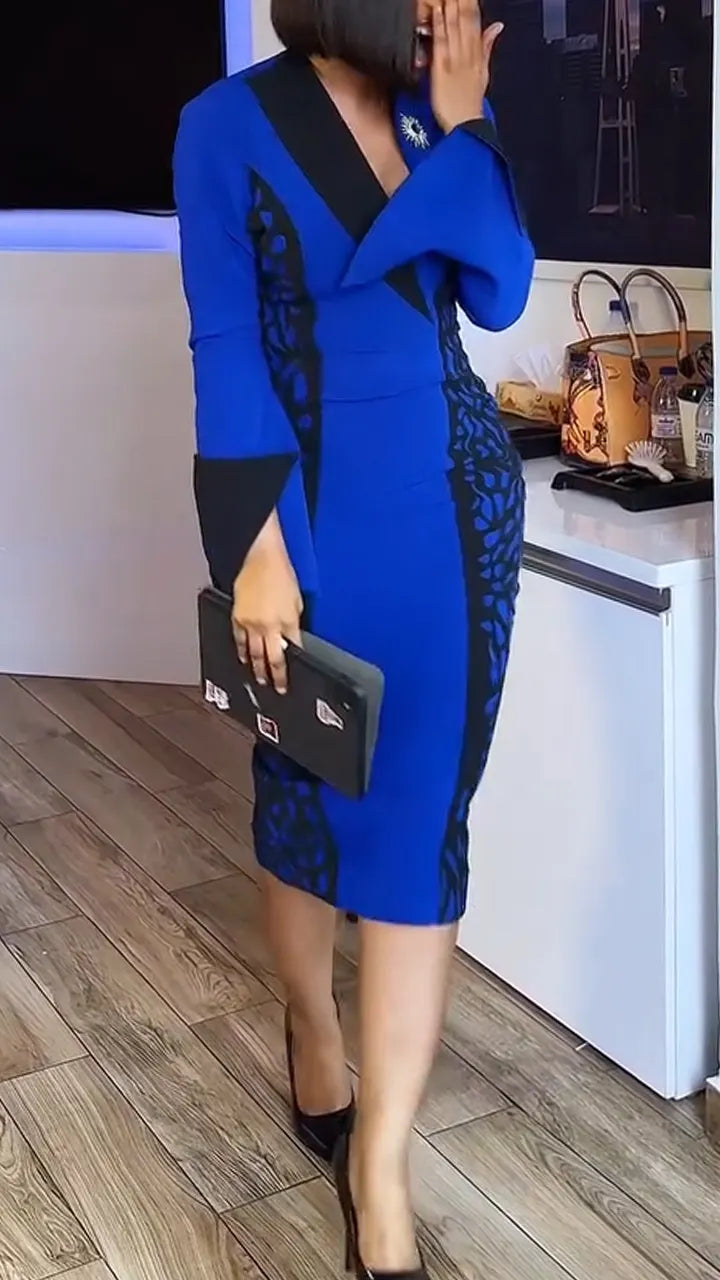 Women V-neck Contrasting Color Waist Print Elegant Temperament Dress