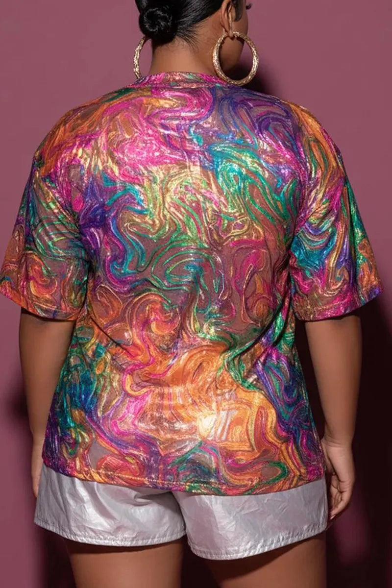 Women Round Neck Colorful Whirlpool Casual Top