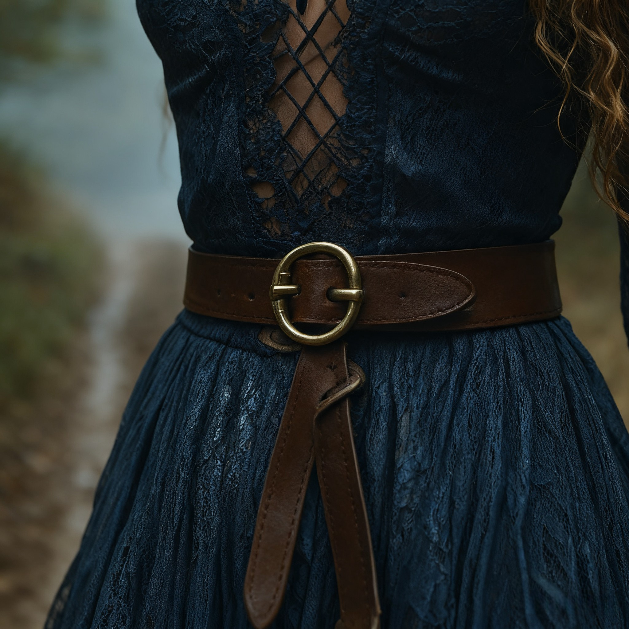 Dark Lace Western-Boho Midi Dress with Tie Neck