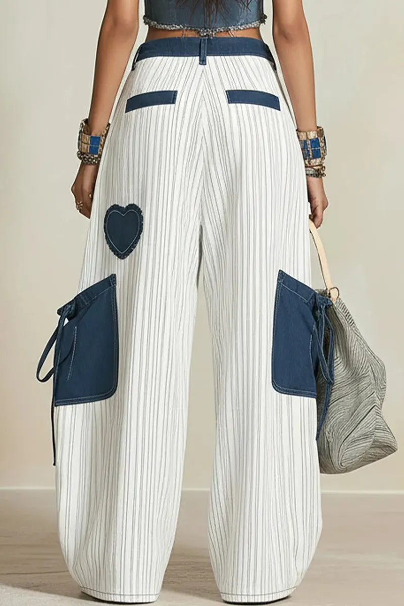 Women's Casual Color Blocked Wide Leg Jeans With Pockets And Drawstring