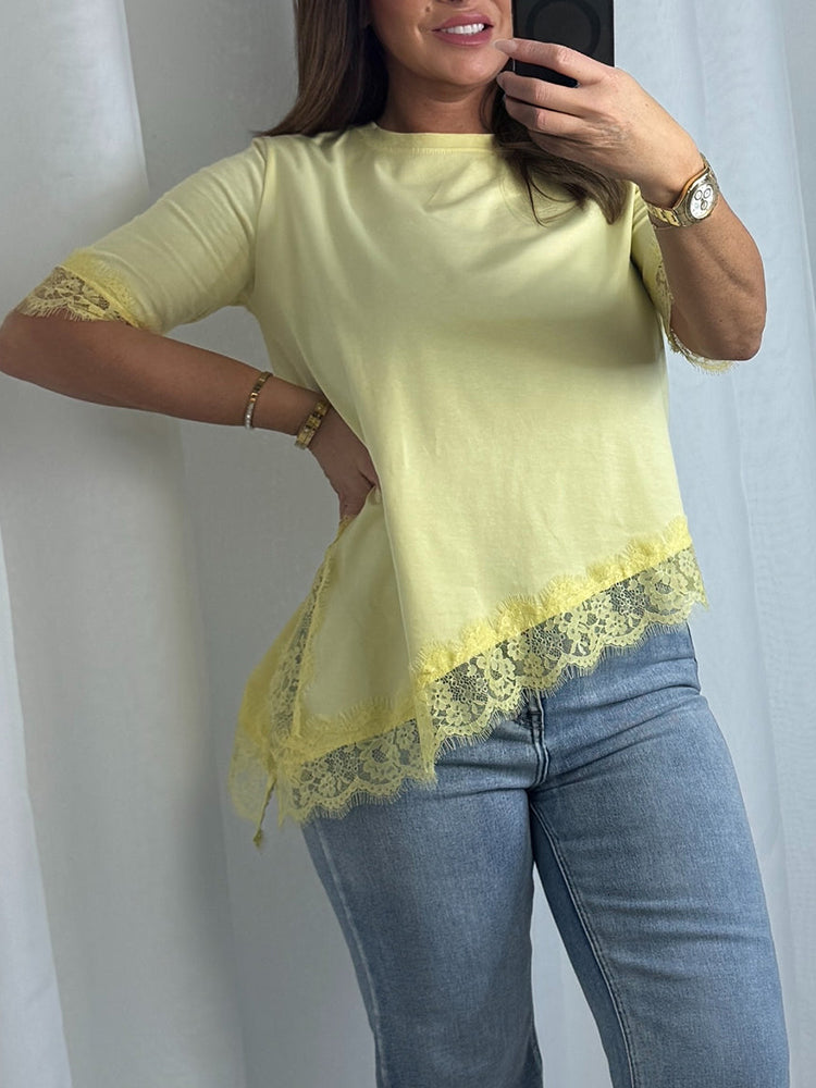 Women Round Neck Patchwork Lace Irregular Casual Top