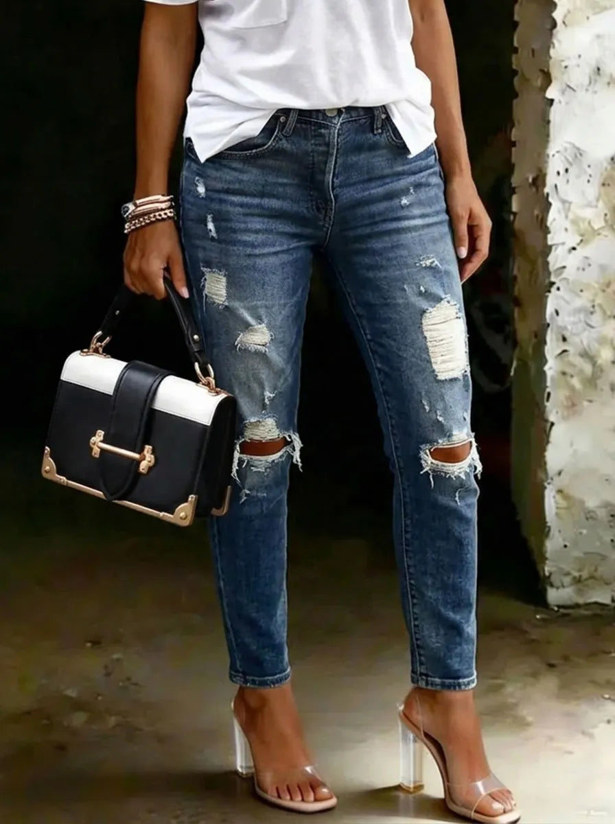 Women’s Stylish Casual Brushed Denim Distressed Holes Denim Pants
