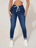 Womens Drawstring Washing Casual Jeanst