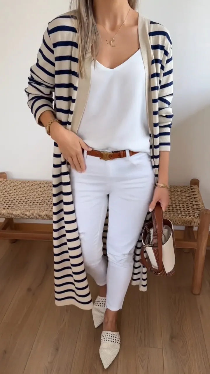 Women Striped Casual Long Cardigan