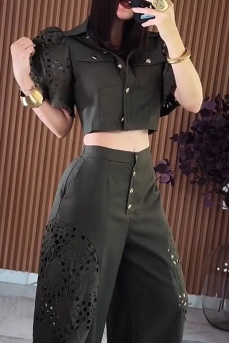 Women's Casual Pattern Cut-Out Sleeve Top or Cut-Out Patchwork Wide Leg Pants