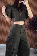Women's Casual Pattern Cut-Out Sleeve Top or Cut-Out Patchwork Wide Leg Pants