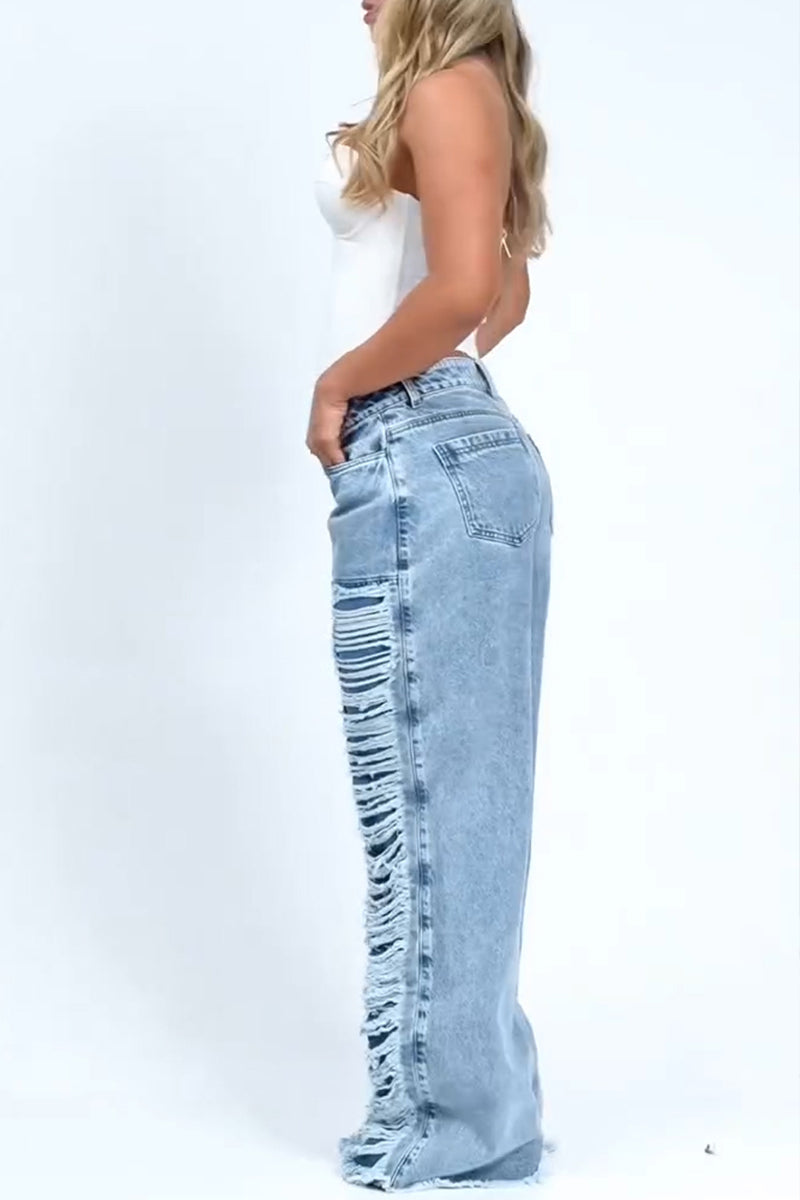 Women's Fashion Wash Ripped Decoration Wide Leg Jeans