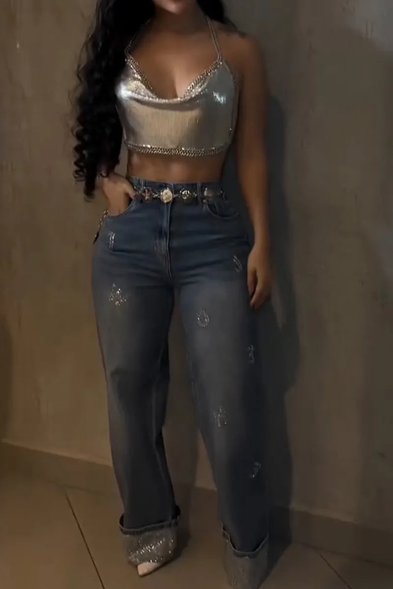 Women's Designer Rhinestone Hem Wide Leg Jeans