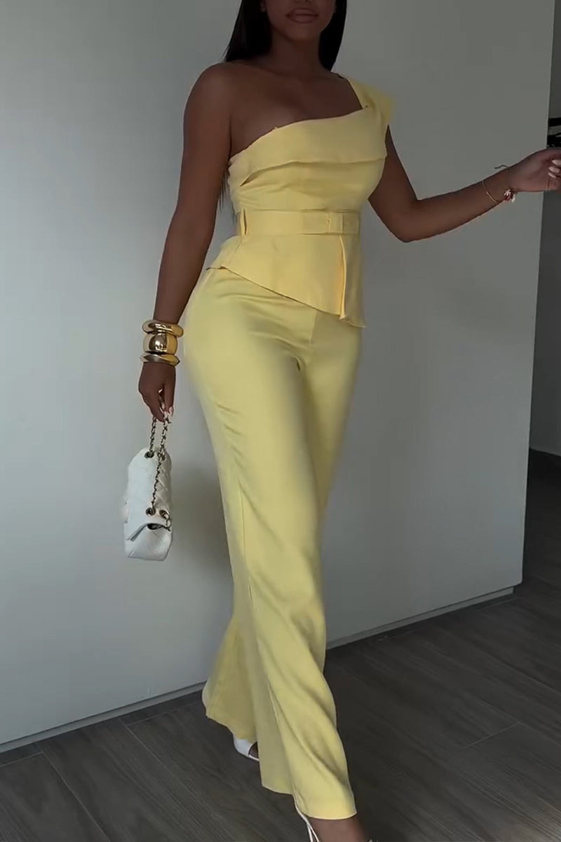 Women's Fashion One-Shoulder Asymmetric Vest Pants Two-Piece Set