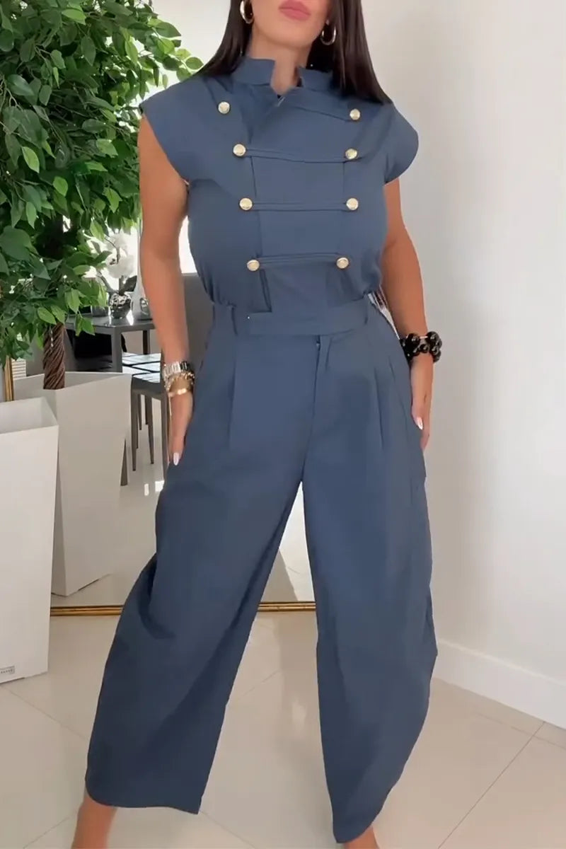 Women's Round Neck Double Breasted Waist Cinched Casual Jumpsuit