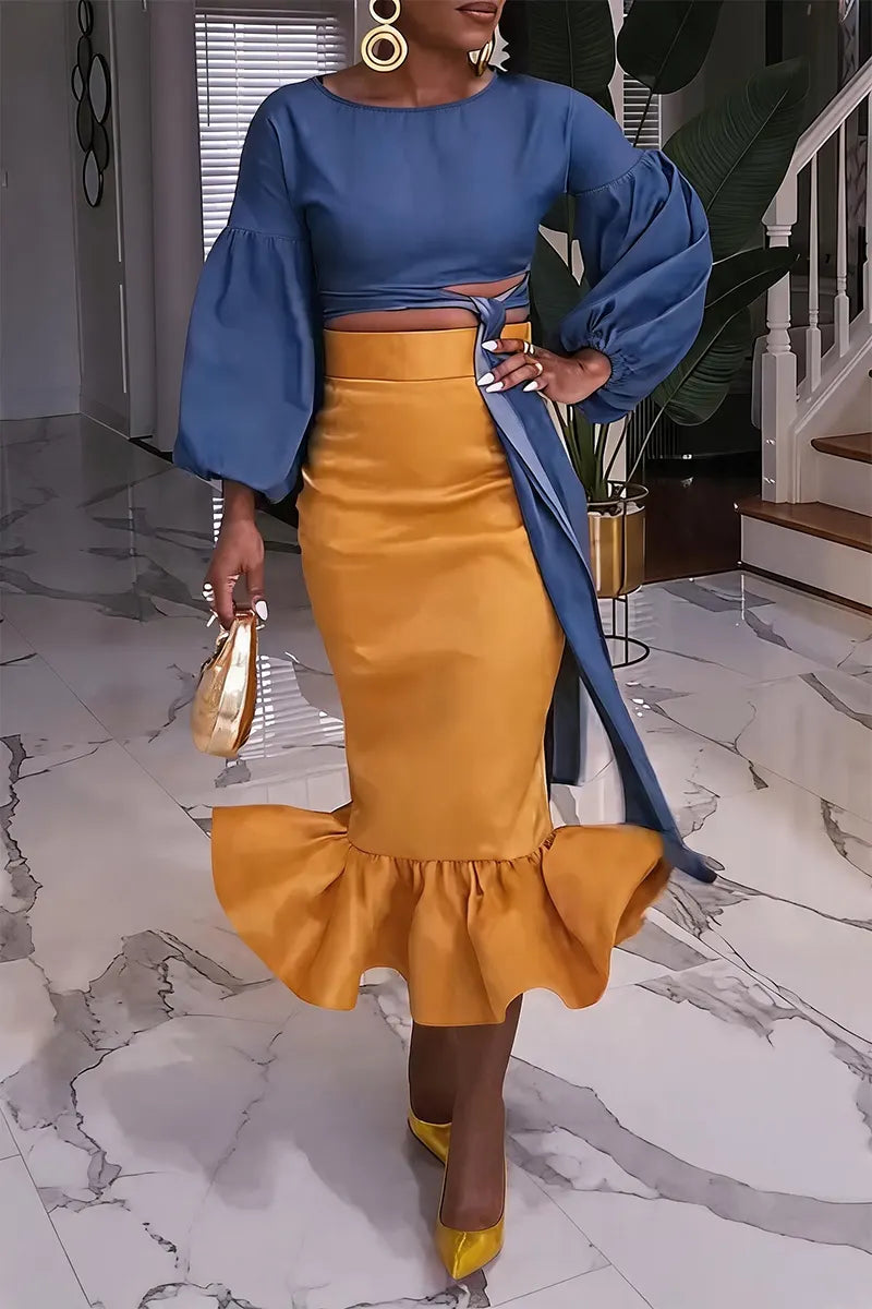 Women's Elegant Puff Sleeve Denim Top or Pencil Mermaid Skirt
