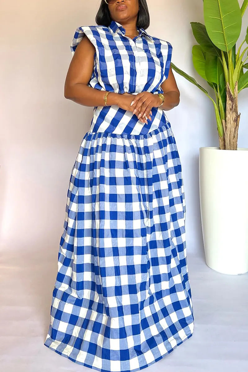 Women's Collar Plaid Top+ Half Skirt Elegant Casual Set