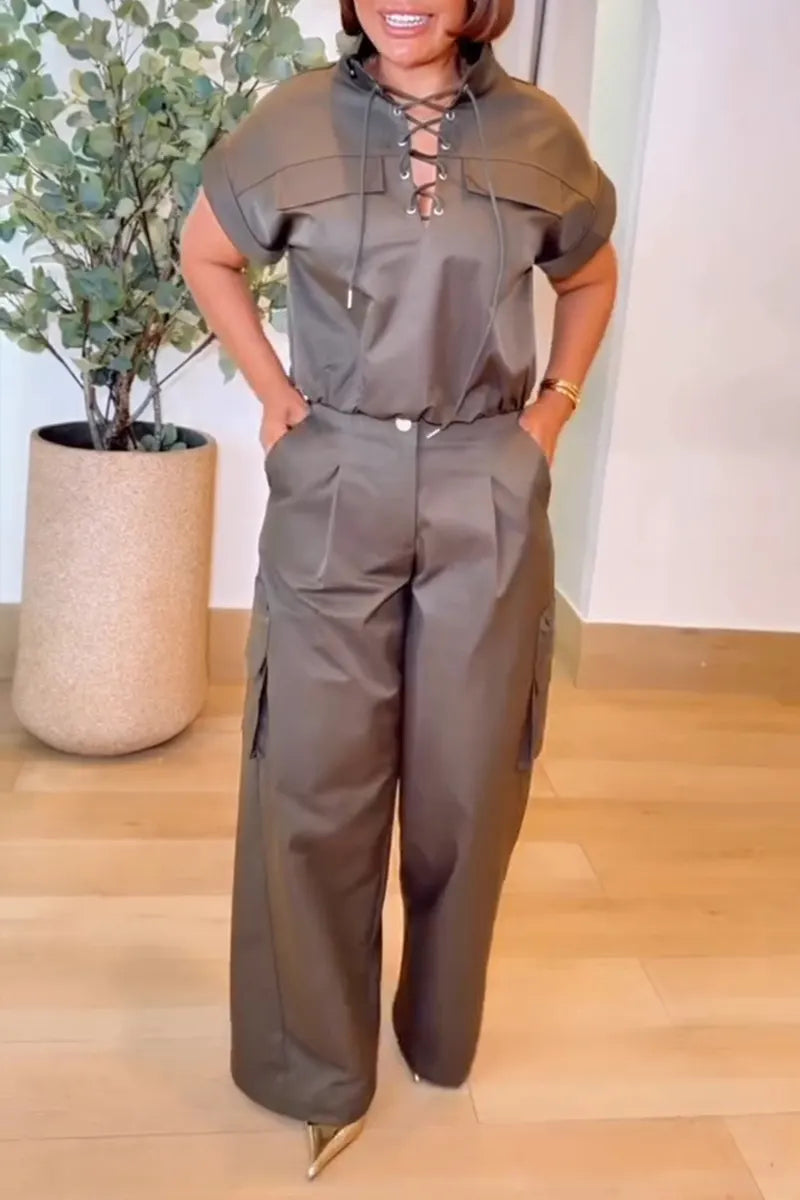 Women's Casual Lace-Up Top Cargo Pants Two-Piece Set