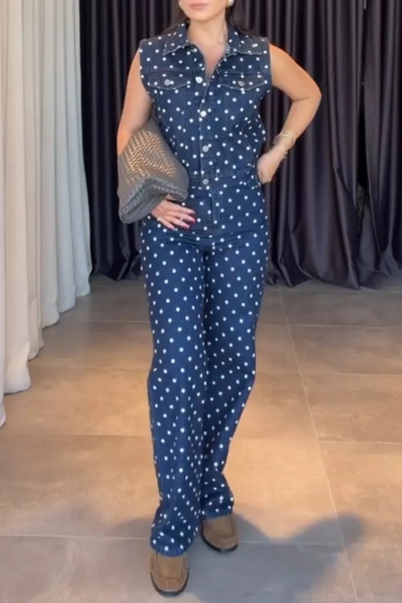 Women's Casual Polka Dot Button Denim Vest or Straight Jeans