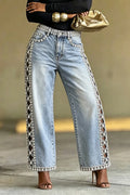 Women's Fashion Side Cut-Out Pattern Rhinestone Wide Leg Jeans