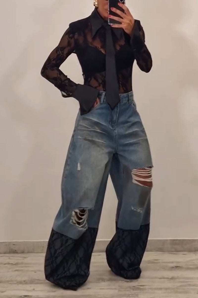 Women's Fashion Satin Patchwork Lace Bodysuit or Wide Leg Jeans