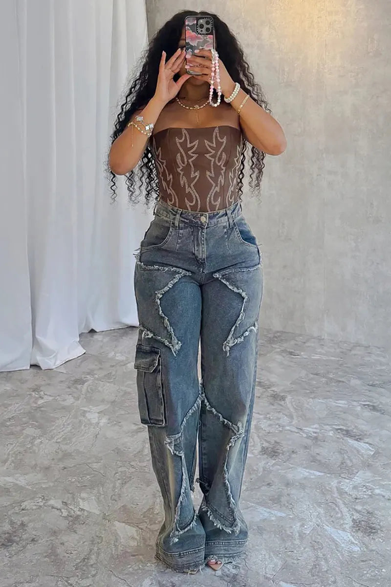 Fashion Star Fringe Raw Wide Leg Jeans