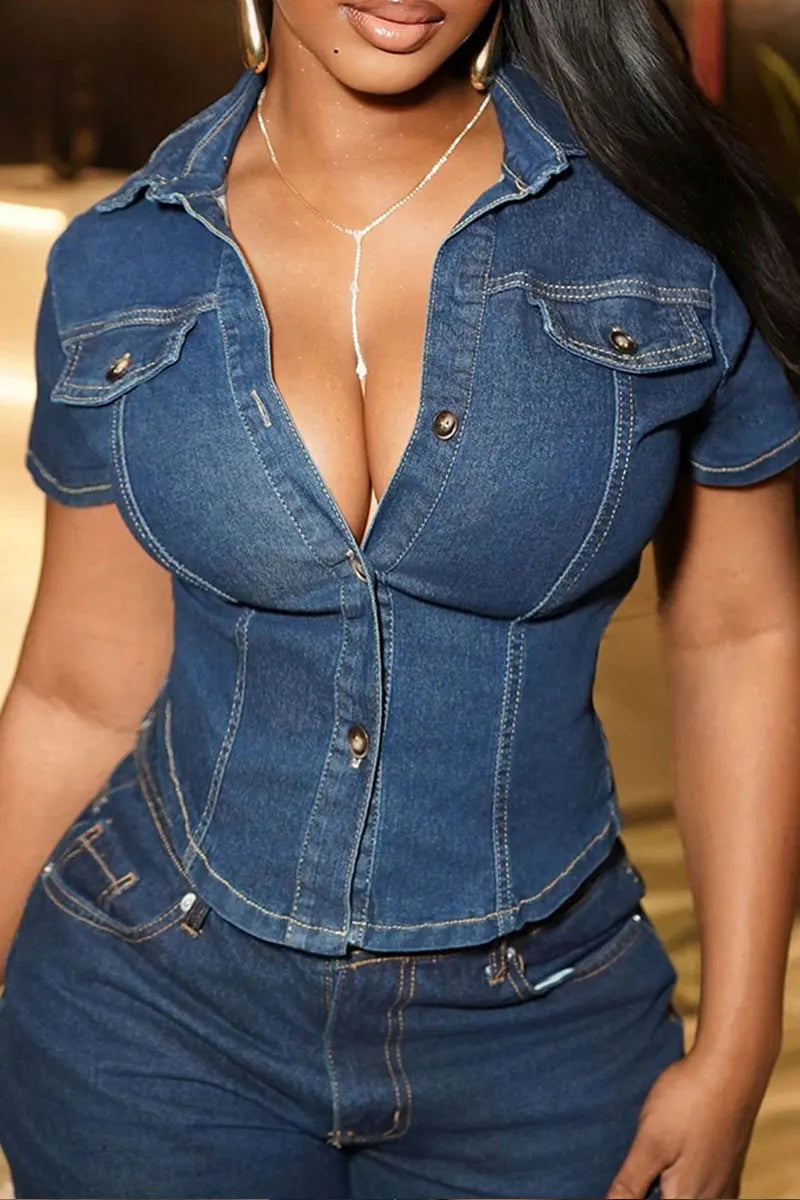 Women's Fitted Denim With Corset Waist Top & Knee Length Shorts