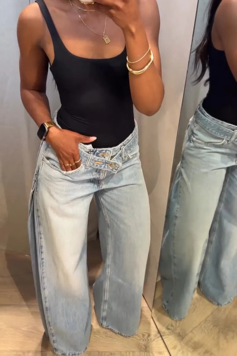 Women's Casual Side Pleated Belted Wide Leg Jeans
