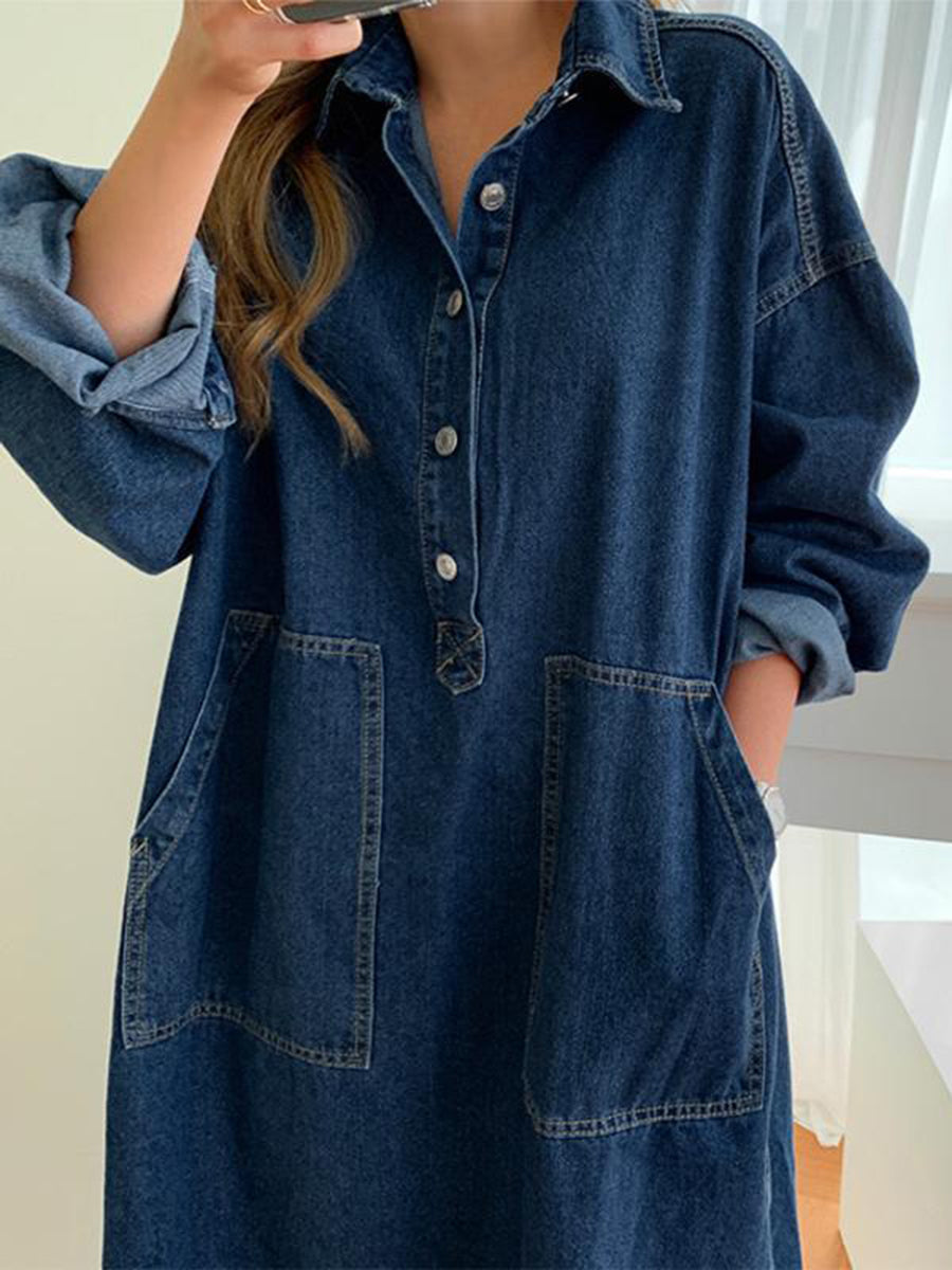Buttoned Pockets Solid Color Split-Joint Split-Side Long Sleeves Loose Lapel Shirt Dress Maxi Dresses