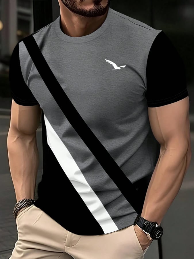 Men's Casual Fashion Striped Contrast Color Round Neck Short Sleeve T-Shirt