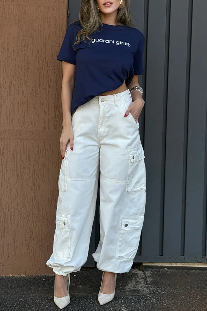 Women's Utility Pocket Solid Cinched-Hem Casual Denim Cargo Pants