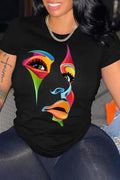 Women Round Neck Face Printed Casual T-shirt