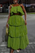Women's Green Textured Crinkle Fabric Halter Crop Top Tiered Layered Ruffle Maxi Skirt