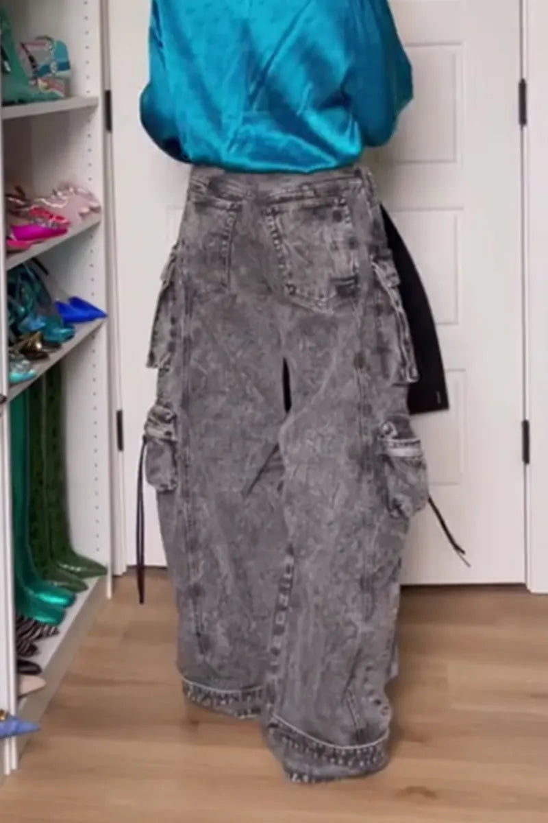 Women's Multi Pocket Cargo Wide Leg Jeans