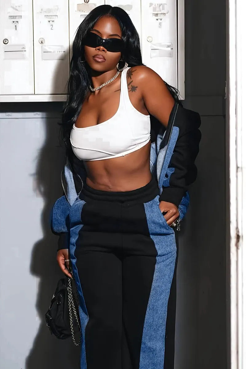Trendy Denim Patchwork Set – Street-Style Jacket & Pants