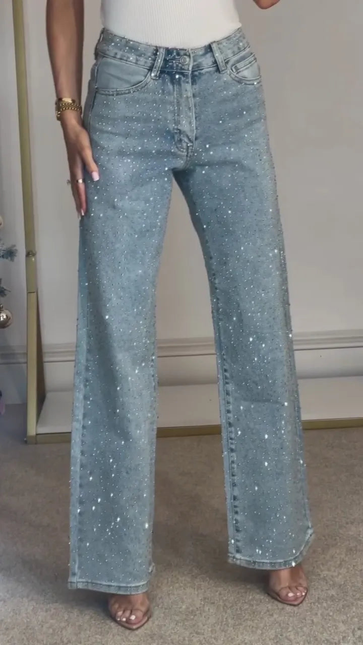 Ladies High Waisted Diamond Hot Stamping and Sparkling Casual Jeans
