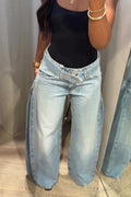 Women's Casual Side Pleated Belted Wide Leg Jeans