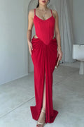 Women's Suspender Patchwork Slit Solid Color Elegant Temperament Dinner Party Style Dress