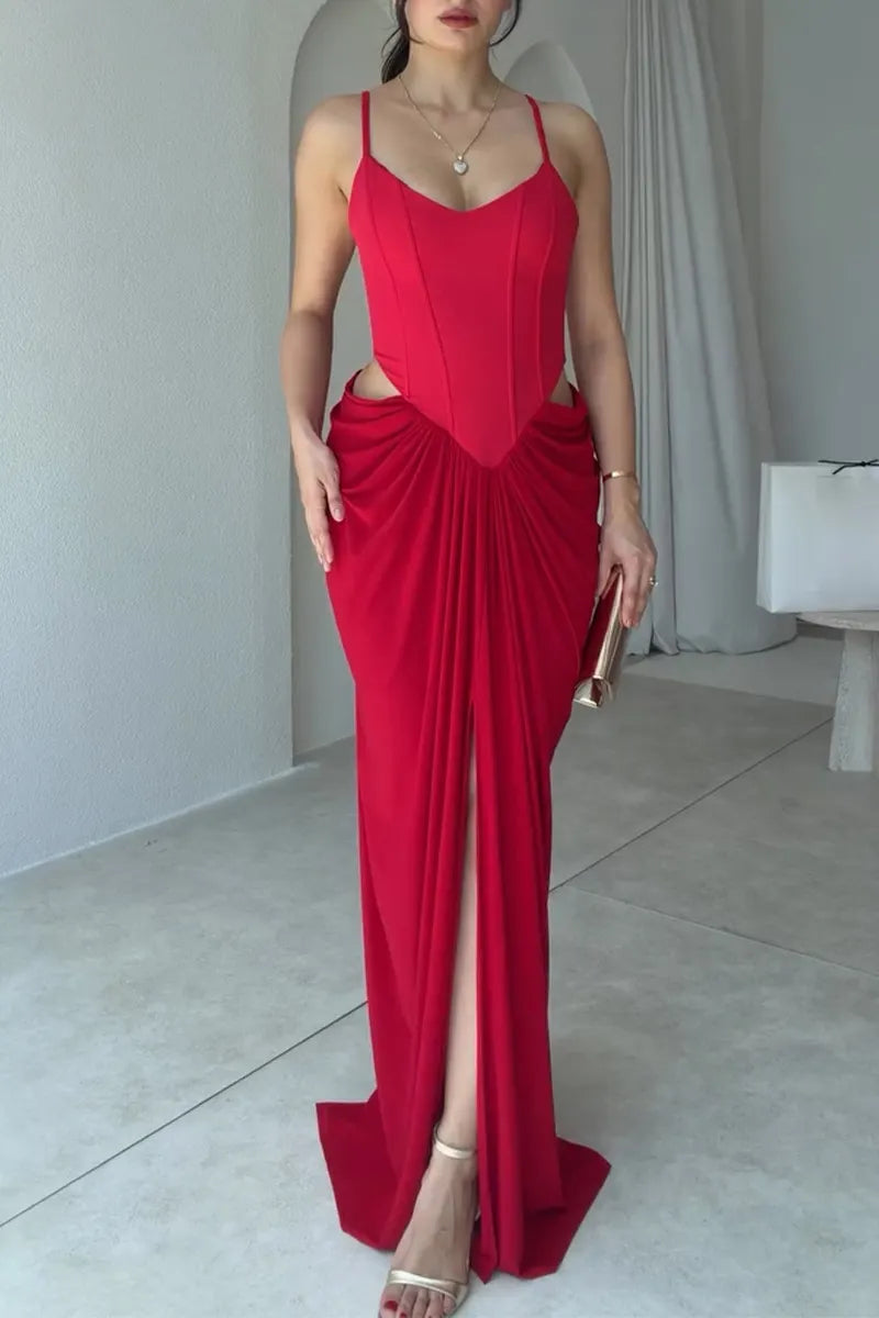 Women's Suspender Patchwork Slit Solid Color Elegant Temperament Dinner Party Style Dress