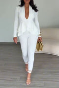 Women's Casual Ruffle Hem V-Neck Shirt Slim Pants Two-Piece Set