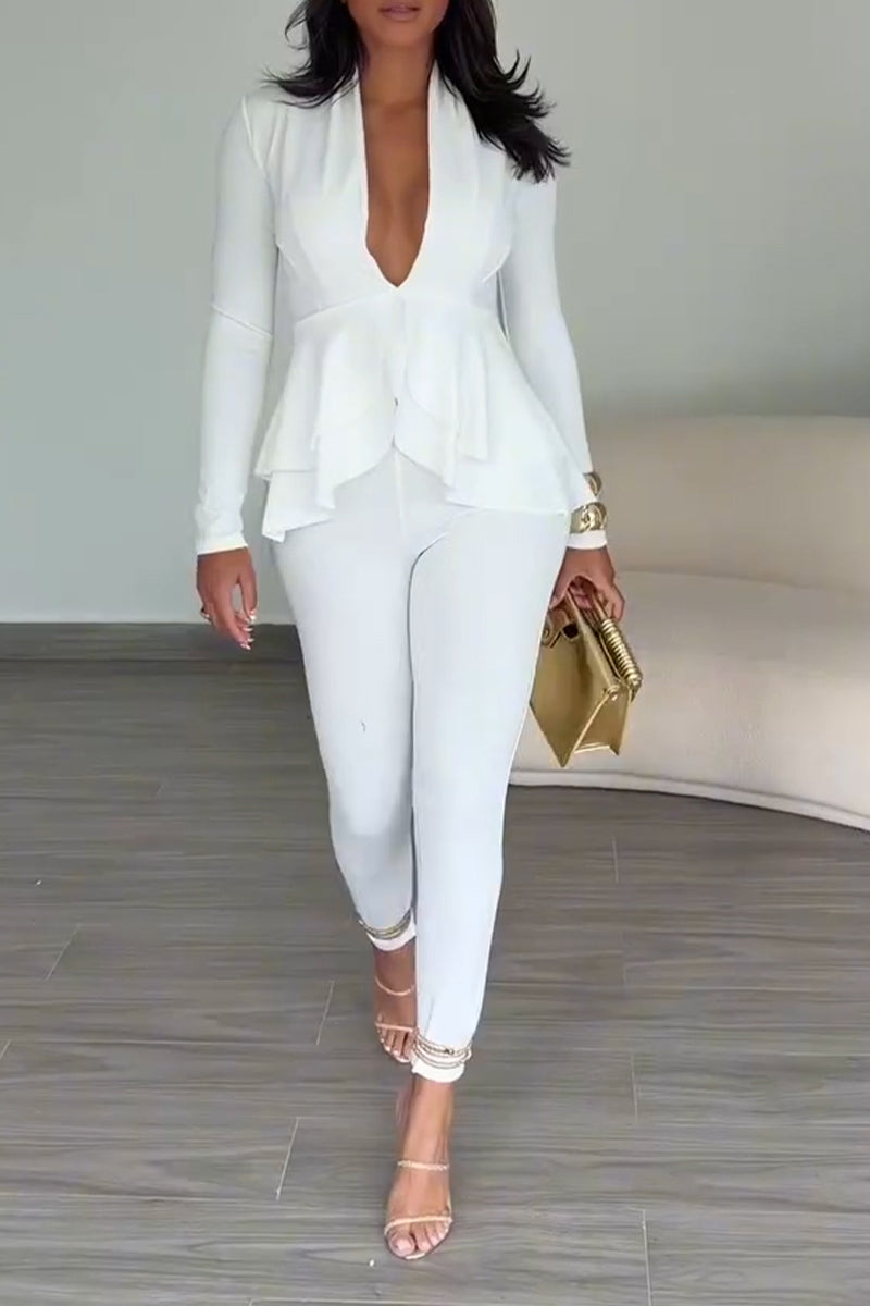 Women's Casual Ruffle Hem V-Neck Shirt Slim Pants Two-Piece Set