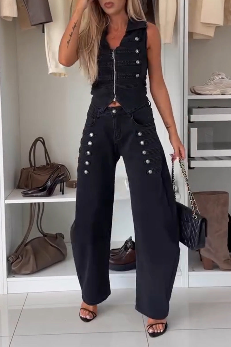 Women's Lapel Sleeveless Patchwork Round Button Denim Vest or Jeans