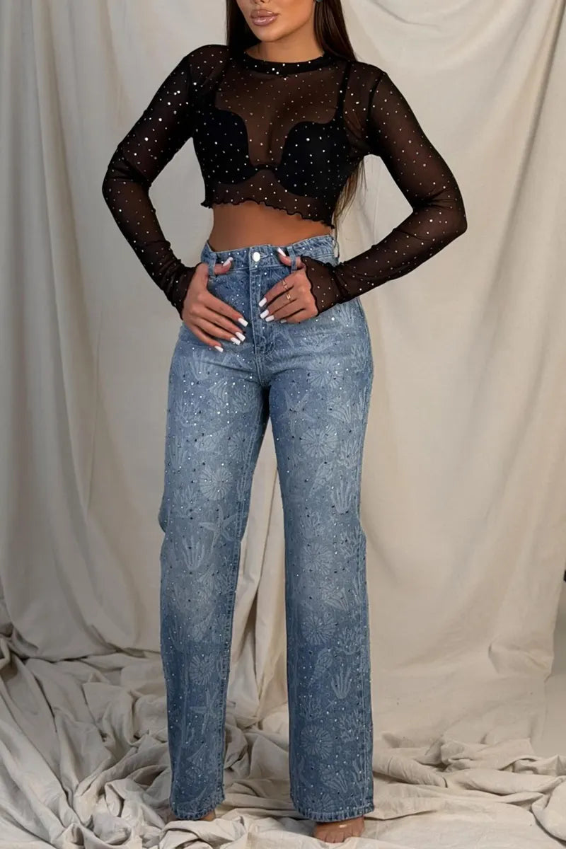 Women's Fashion Rhinestone Sheer Top & Pattern Jeans