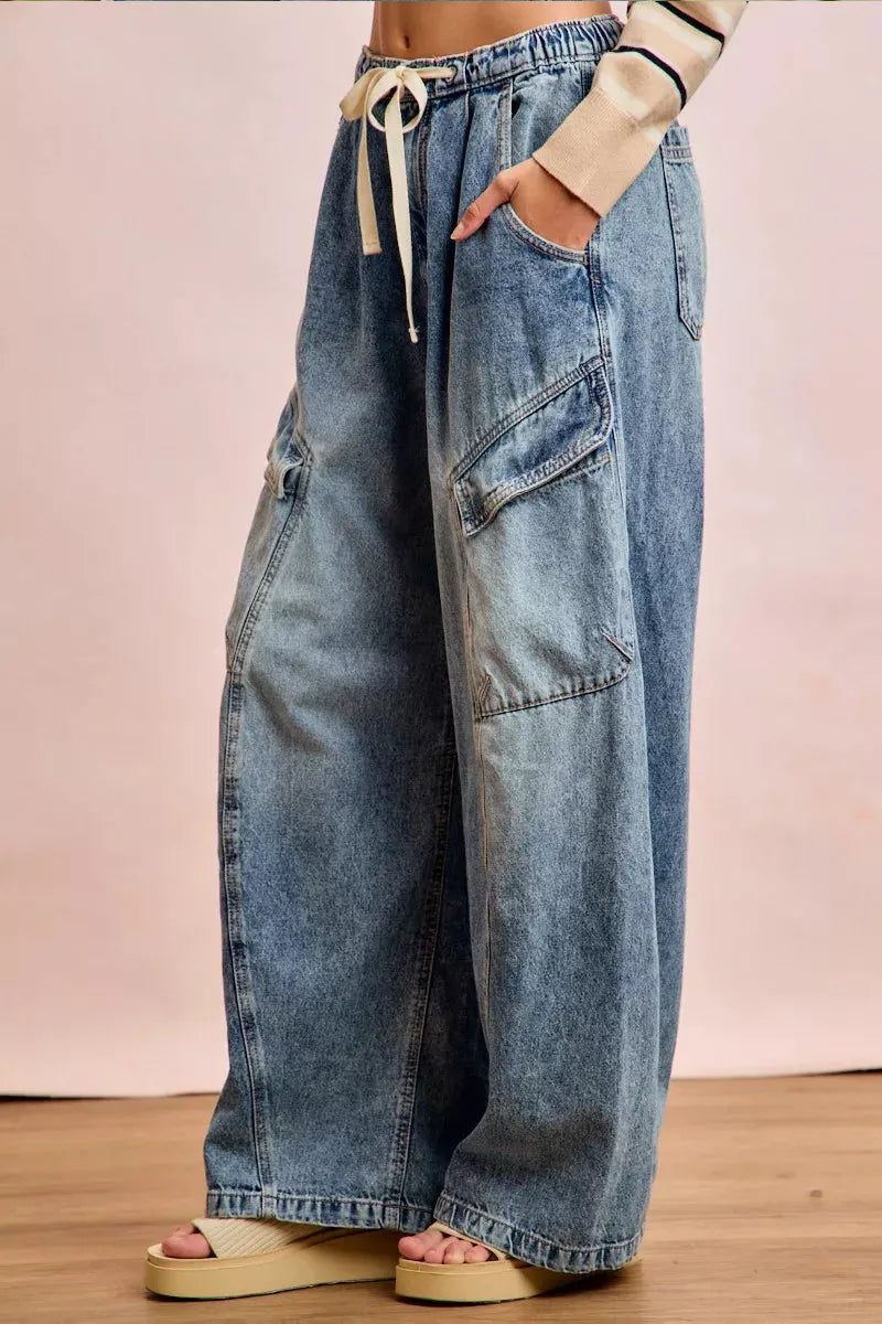 Women's Casual Wide Leg Drawstring Jeans With Multiple Pockets
