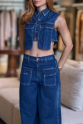 Women's Casual Pocket Decoration Short Denim Top or Wide Leg Jeans