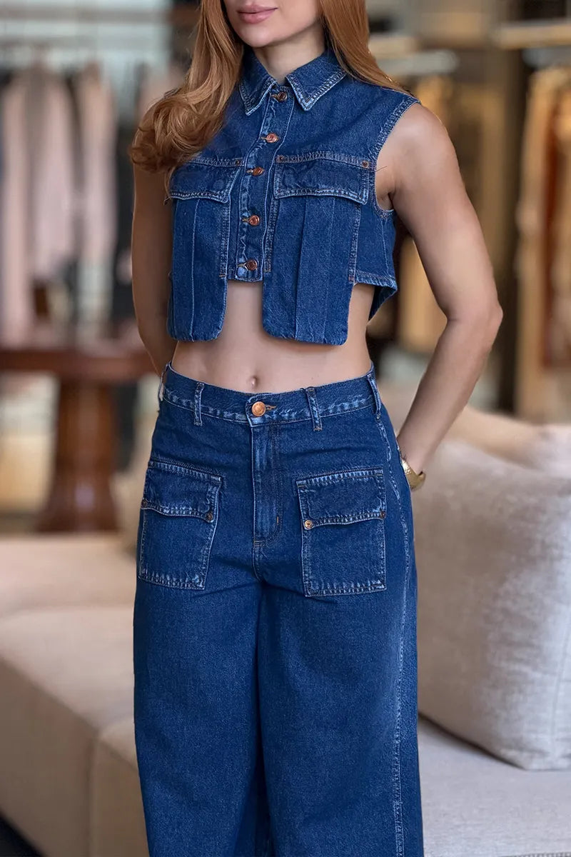 Women's Casual Pocket Decoration Short Denim Top or Wide Leg Jeans