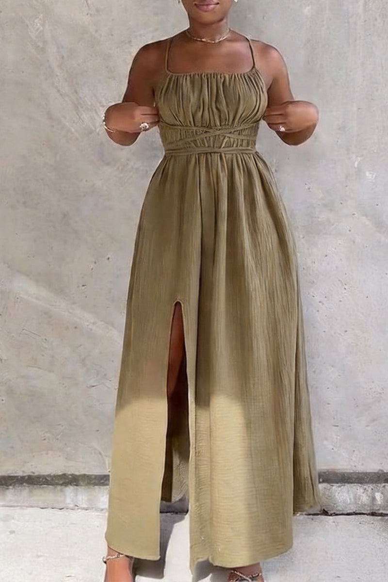 Women's Resort Drawstring Pleated Open Back Dress