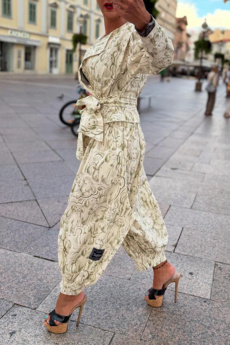 Women's Fashion Pattern Print Leg of Mutton Sleeve Jacket or Loose Pants