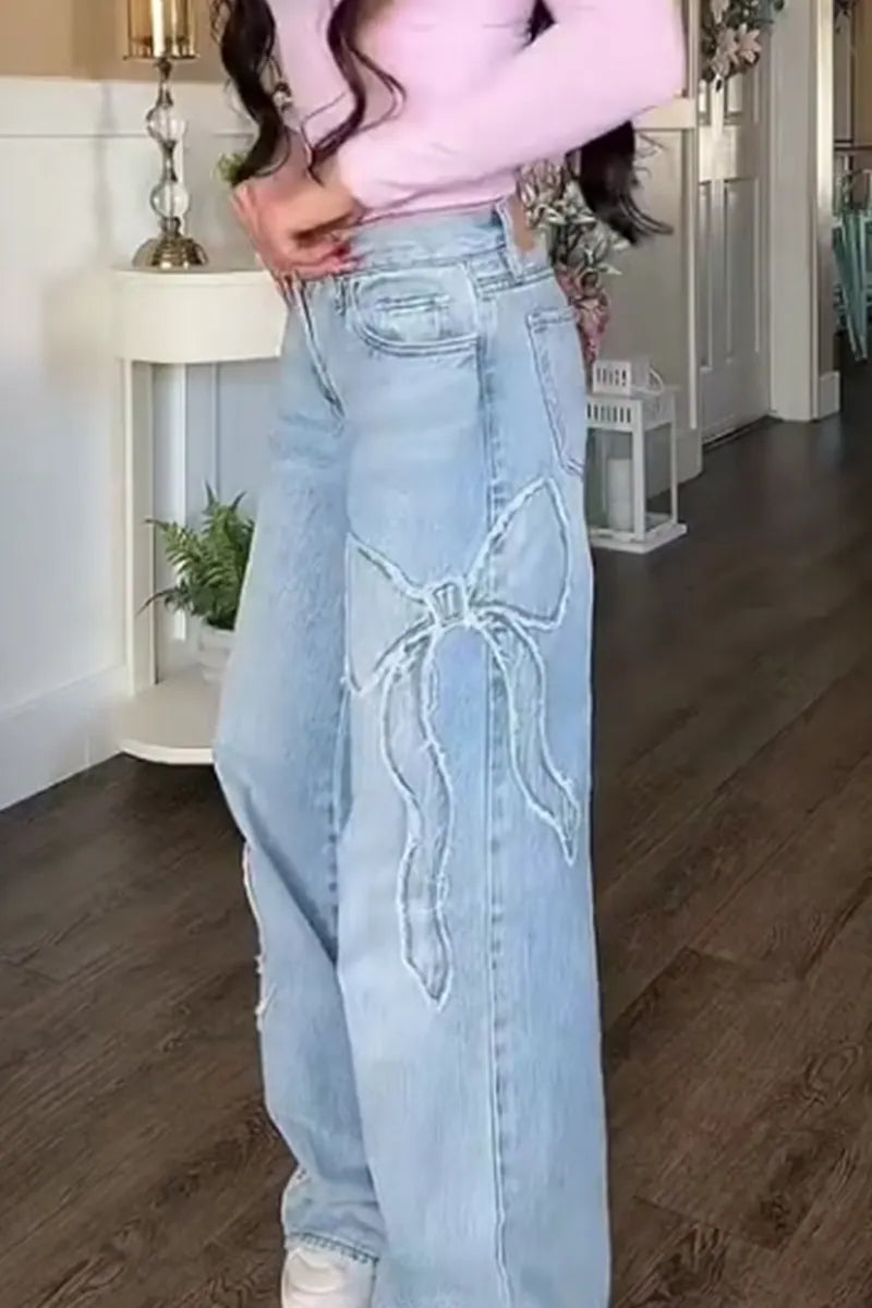 Women's Casual Wide Leg Jeans With Bow Pattern