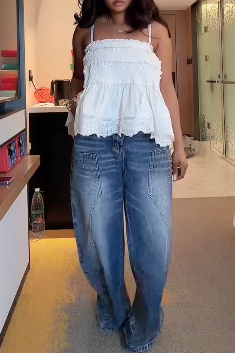 Women's Washed and Spliced Rhinestone Casual Jeans