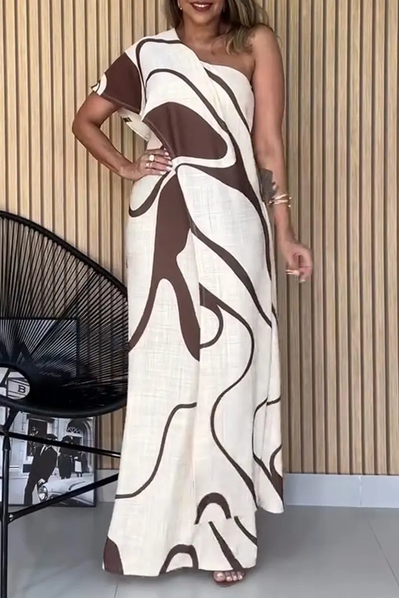 Women's One Shoulder Printed Patchwork Elegant Temperament Casual Maxi Dresses
