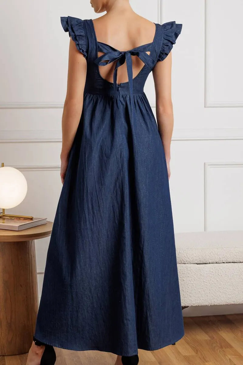 Women's Elegant Backless Ruffled Denim Dress