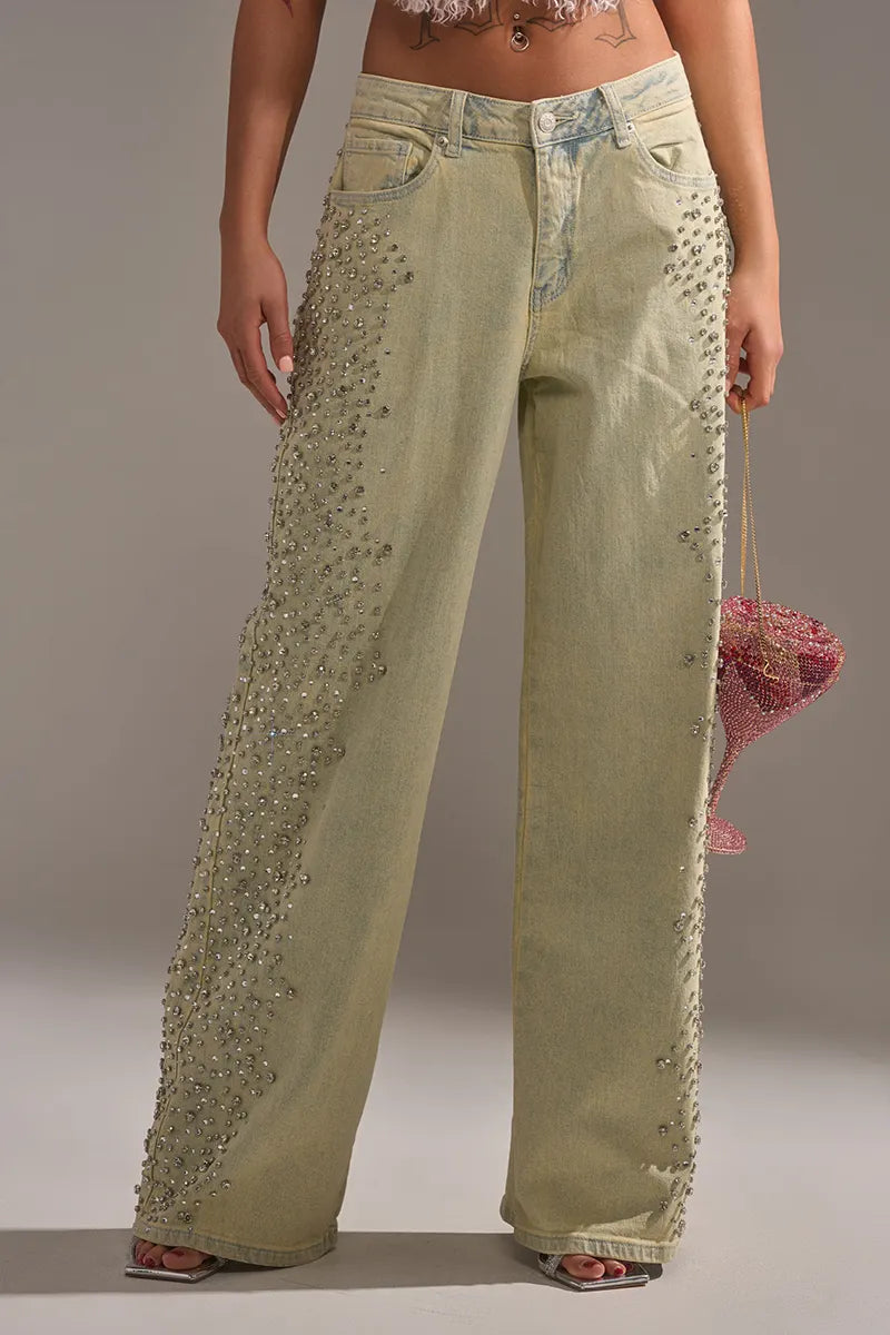 Women's Casual Rhinestone Wide Leg Jeans