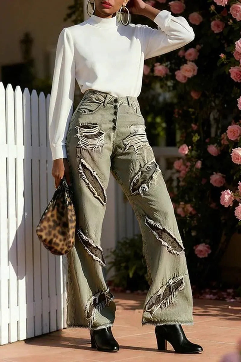 Hot Selling Women's Casual Washed Ripped Straight Leg Jeans